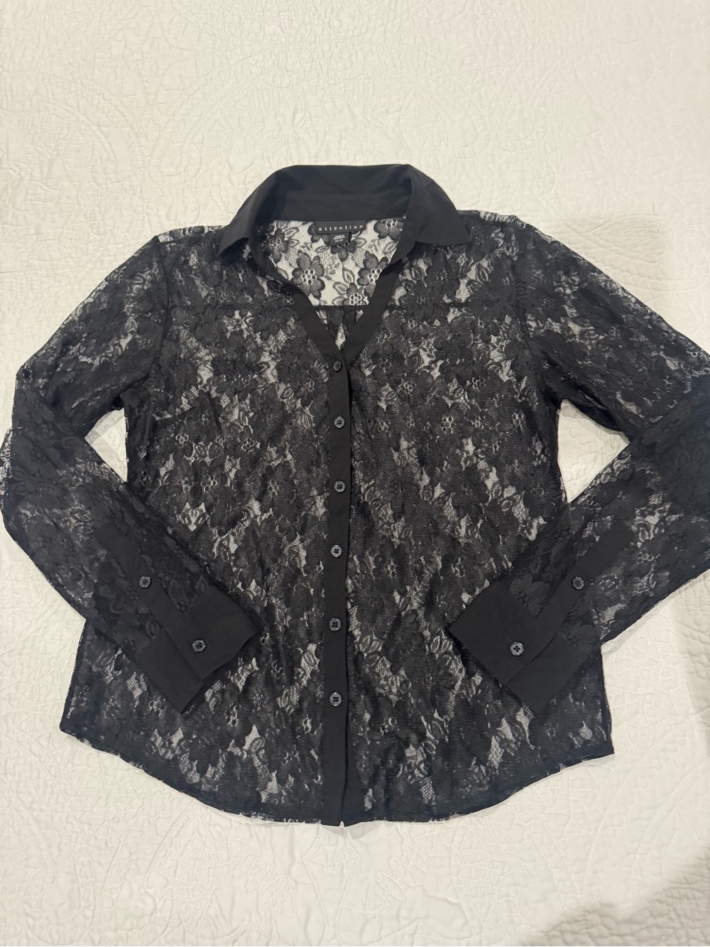 attention Black Sheer Lace Button-Down Shirt